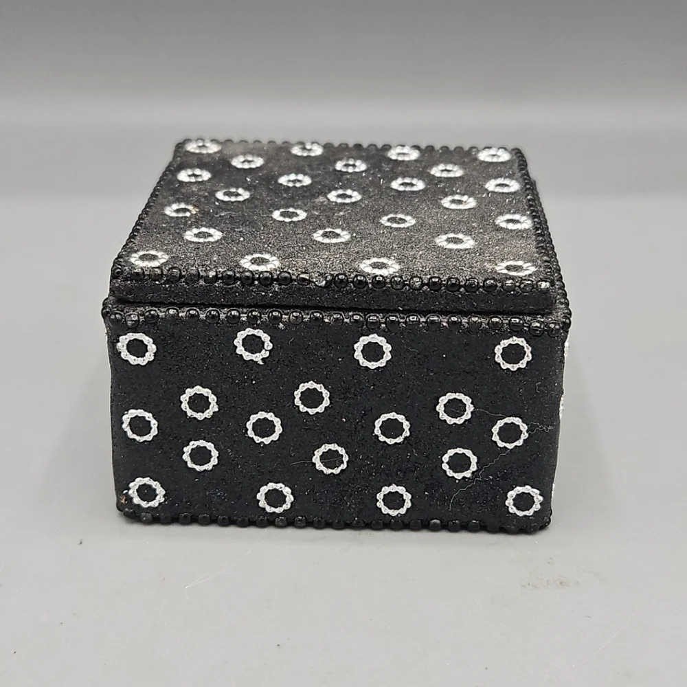 Vintage Black Glitter Trinket Box Jewelry Jeweled Beaded India Storage Sparkle